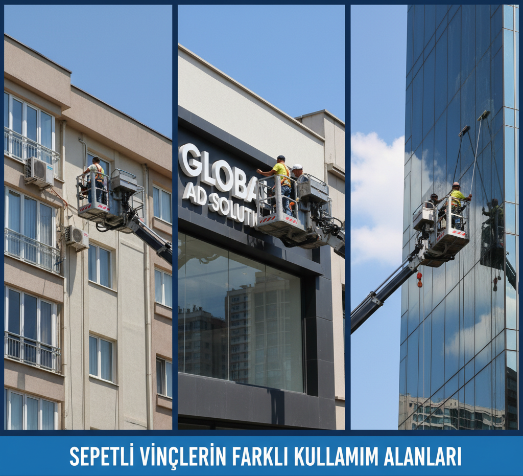 Yüksek bir binanın cephesinde çalışan sepetli vinç